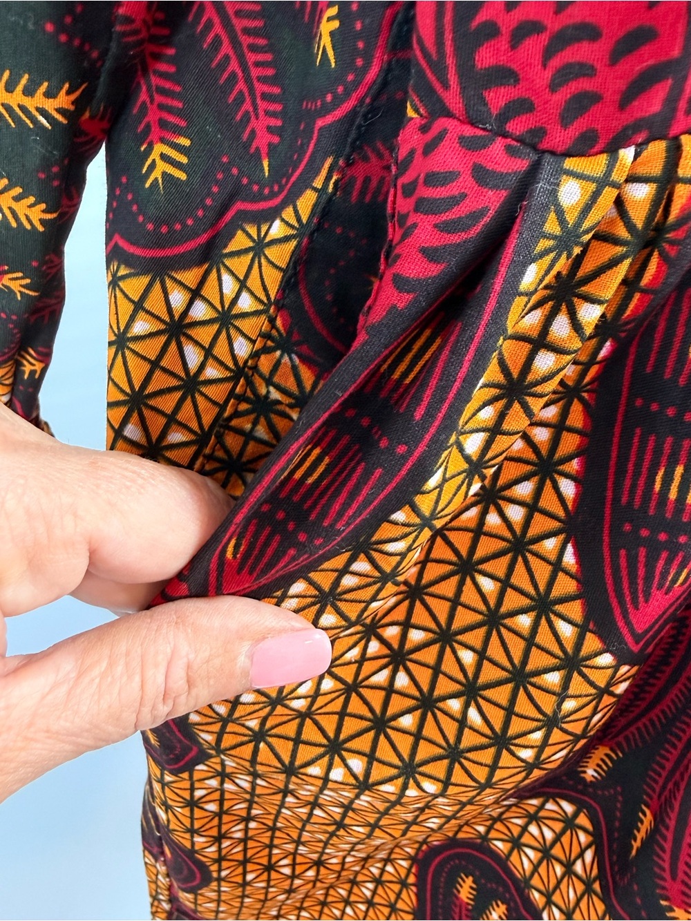 Grass-Fields Ankara African Belted Shirt Dress Long Sleeve Pockets Boho Size 10 - Picture 7 of 14